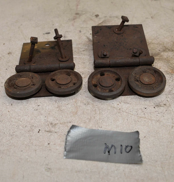 2 collectible vintage barn door double wheel roller & bracket tool lot M10