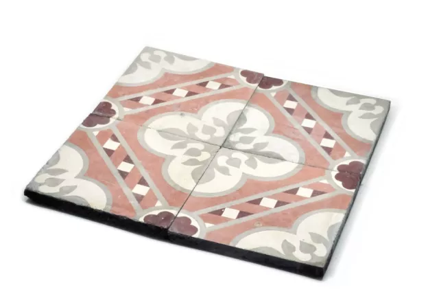 4 Reclaimed Encaustic Tiles From Barcelona, Handmade Vintage Retro 100 Years Old