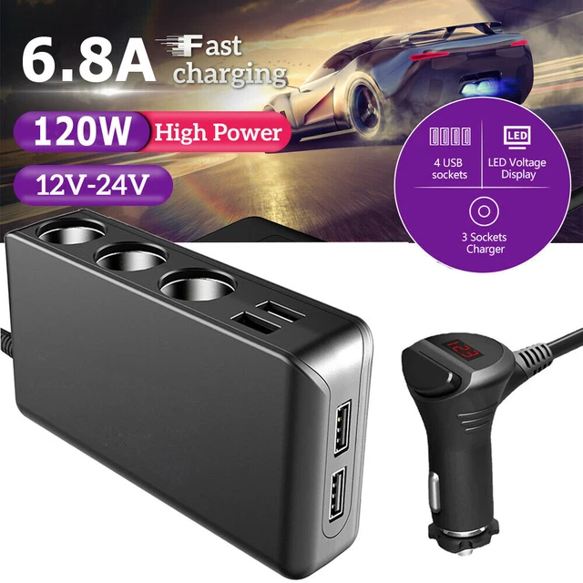 Auto Zigarettenanzünder 3 Fach KFZ Verteiler Auto Ladegerät Adapter 12/24V 4 USB