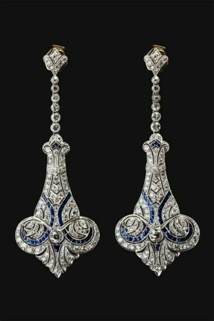 Vintage Art Deco Victorian Style 4.85Ct Diamond & Sapphire Drop Dangle Earring