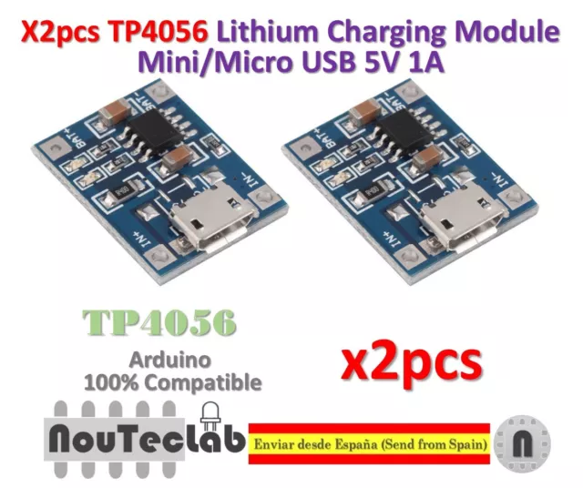 2pcs TP4056 1A 5V Lithium Battery Charging Module Mini/Micro USB Interface