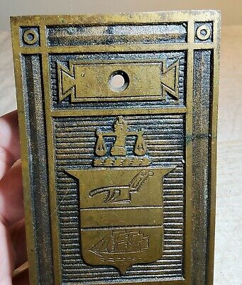Small Antique Heavy Brass Faceplate With Scales, Plow & Ship Pictured On Front 2
