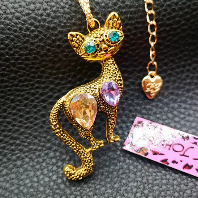Betsey Johnson Enamel Crystal Cute Cat Kitten Pendant Chain Necklace/Brooch Pin