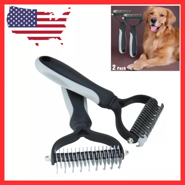 Pet Deshedding Brush Double-Sided Undercoat Rake Comb Dematting for Dogs Cats 2p