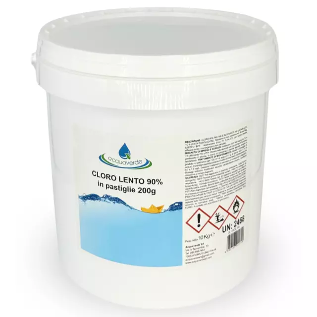 Acquaverde CLORO 90% in PASTIGLIE 200g TRICLORO LENTO IGIENE ACQUA PISCINA 10 kg