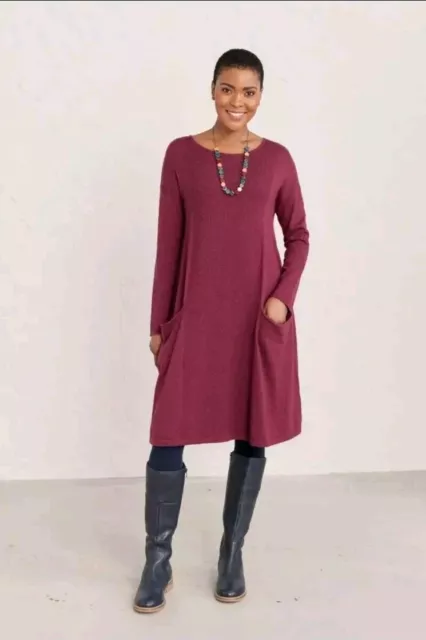Seasalt Women's Dress - Burgundy Heartfelt Knitted Dress - Size UK 16 - Dulse