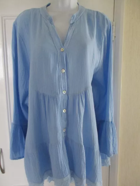 Ladies Blue Cotton Tunic Blouse Borderie Anglais Trim Size 18-20