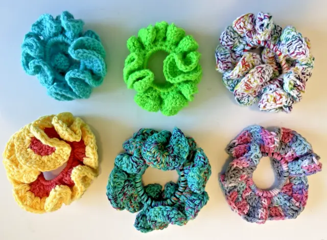 NEW Set of 6 Handmade Scrunchies, Crocheted, FREE SHIPPING!