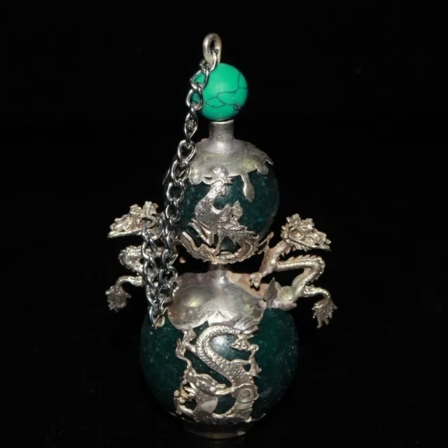 Chinese Tibetan Silver Green Jade Dragon and Phoenix Snuff Bottle Collectible
