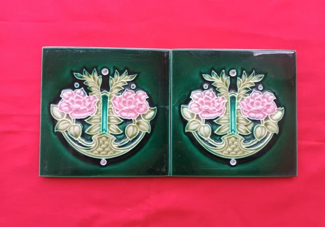 2 Piece Old Art Floral Design Majolica Ceramic Tiles England 0157