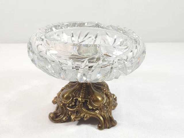 Vtg 1940's Hollywood Regency Art Deco Brass 5'' Tall Pedestal Crystal Ashtray