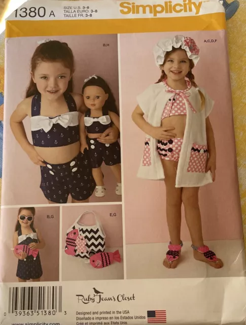 0616 UNCUT Simplicity Sewing Pattern Girls Swimsuit Play suit Cover Up Hat Doll+