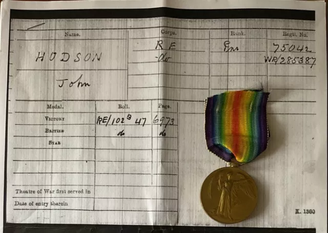 WW1 Victory Medal to 75042 Pnr J(ohn). Hodson Royal Engineers