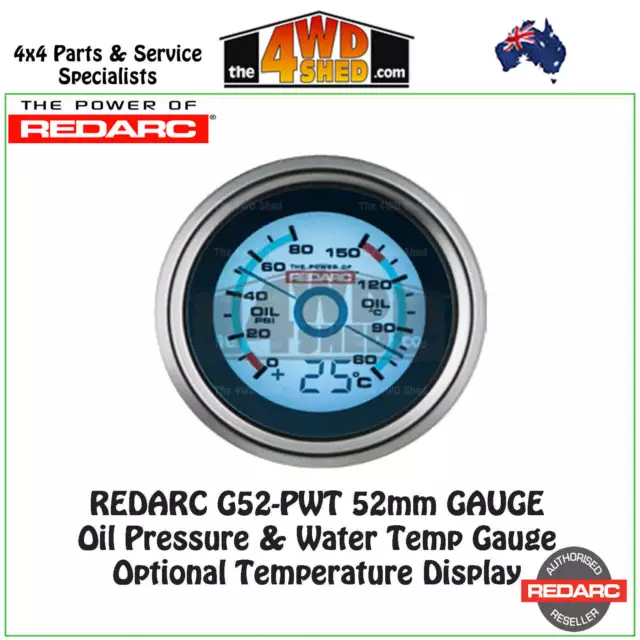 Redarc G52-PWT Oil Pressure & Water Temperature 52mm Gauge with Optional Temp