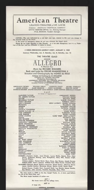 Rodgers and Hammerstein "ALLEGRO" Agnes de Mille 1949 St. Louis Broadside