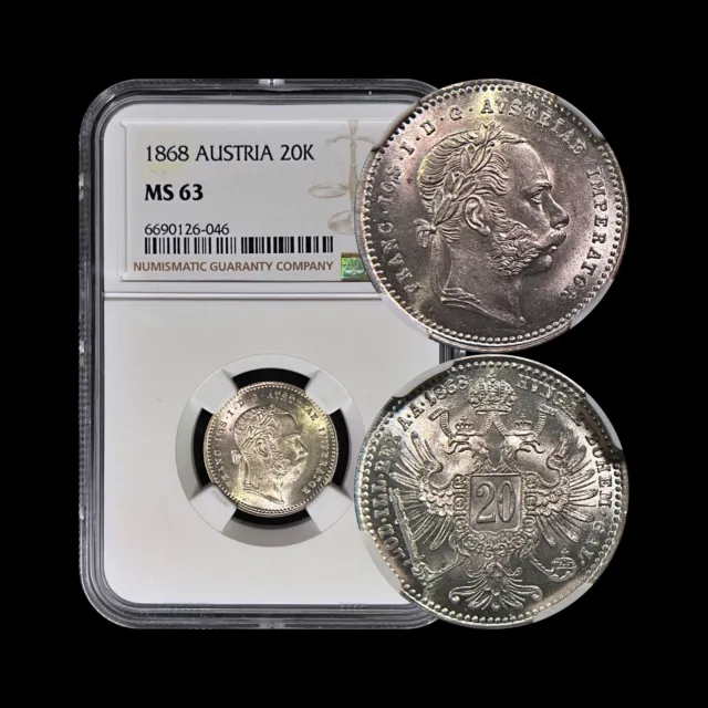 AUSTRIA. 1868, 20 Kreuzer, Silver - NGC MS63 - Franz Joseph, Imperial Eagle