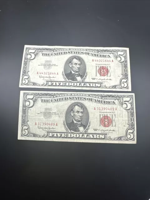 Lot Of (2) 1963 $5 United States Legal Tender Note Red Seal - AA Block - D319