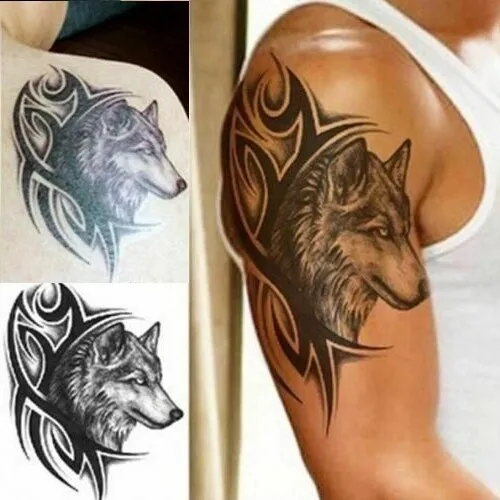 Flash Jetable Temporaire à Coller Tatouage Wolf Tribal Noir Corps Body Cadeau