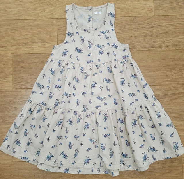 Girls NEXT Denim DITSY Pinafore Tiered COTTON DRESS - Size 8 Years CREAM BLUE