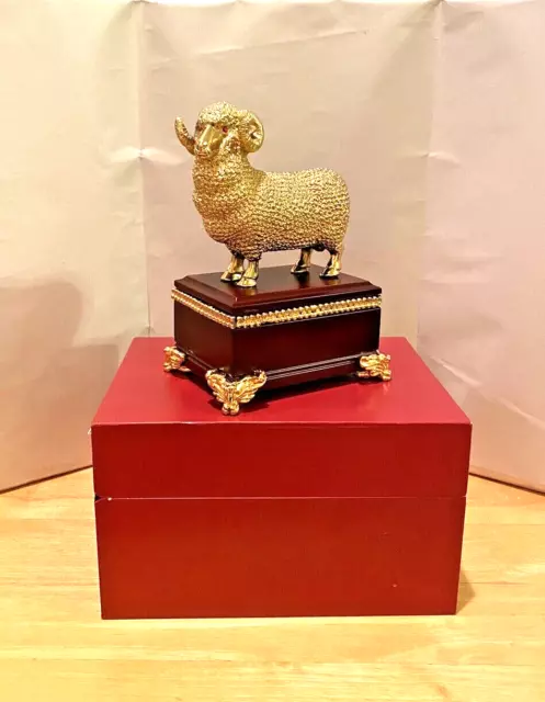 *Nib* Chinese Solid Brass Ram Figurine On Rosewood Pedestal