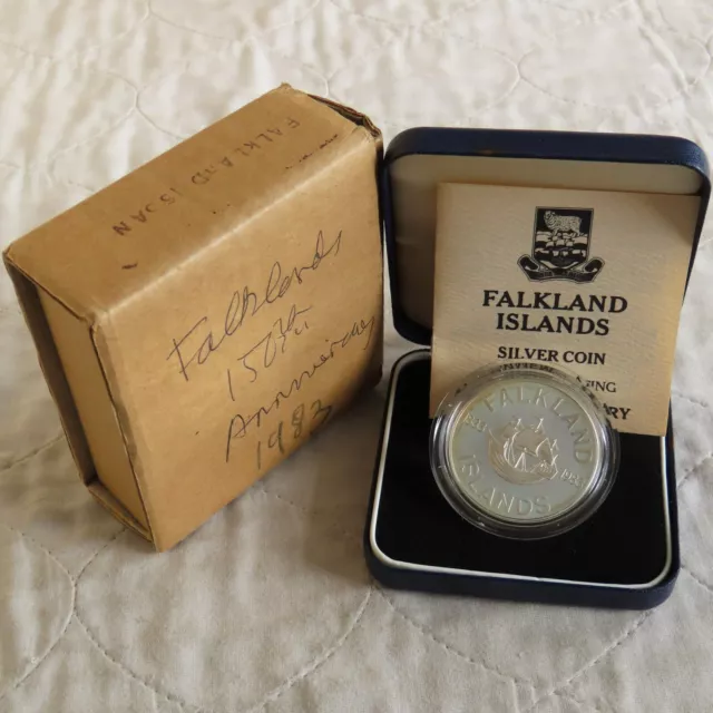 FALKLAND ISLANDS 1983 150th ANNIVERSARY SILVER PROOF 50p CROWN - boxed/coa/outer