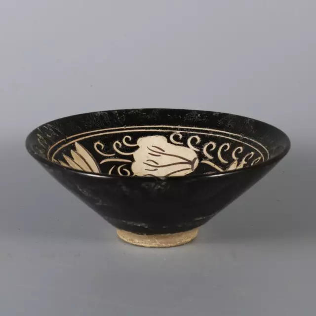 Chinese Porcelain Song Jizhou Kiln Floral Pattern Black Glaze Bowls 8.66 Inch