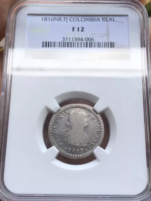 Scarce - Colombia NR FJ 1 Real 1816 NGC Fine 12