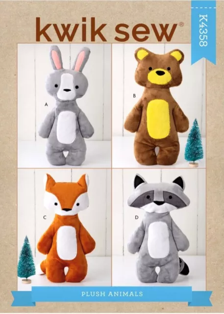 Kwik Sew Sewing Pattern 4358 Plush Toy Animals, Bunny Bear Fox Raccoon 36Cm-41Cm