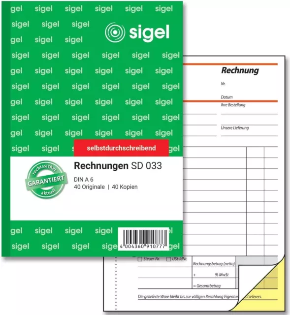 SIGEL Formular Buch Rechnung Vordruck 80 Blatt Selbstdurchschreibend A6 Block