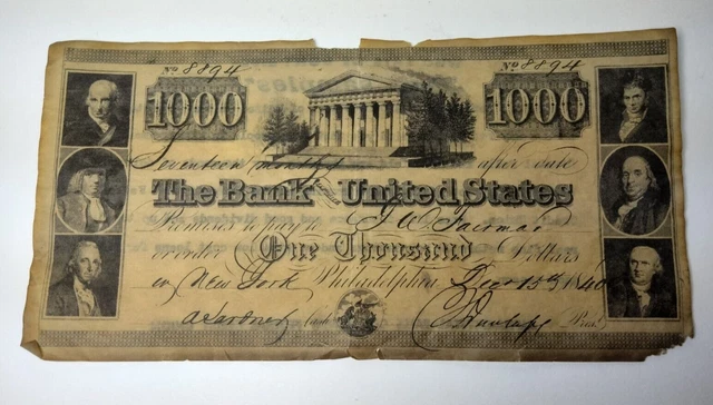 1840 The Bank of United States $1000 Promo Note for Alpha-Crystal Falls...