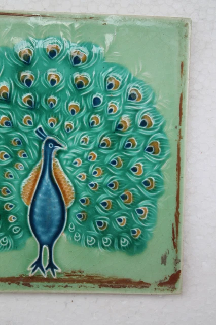 Tile Majolica Peacock Dancing Vintage Made In Japan Art Nouveau Porcelain Nh4231 9