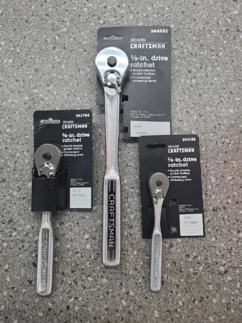 Vintage Craftsman Ratchet Set of 3 USA 1/4" 3/8" 1/2". 43185, 43784, 44985 Vintage Craftsman Ratchet Set of 3 USA 1/4" 3/8" 1/2". 43185, 43784, 44985