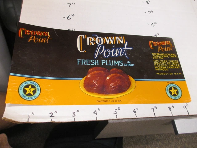 CROWN POINT fresh plums Starr fruit 1930s tin can food paper label Portland OR