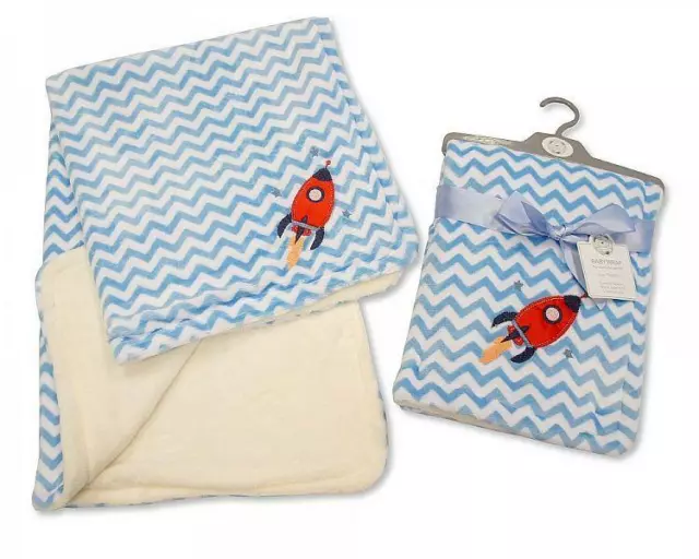 SNUGGLE BABY WRAP Blanket In White Blue Zigzags With Rocket Motif snuggle-baby-wrap-blanket-in-white-blue-zigzags-with-rocket-motif