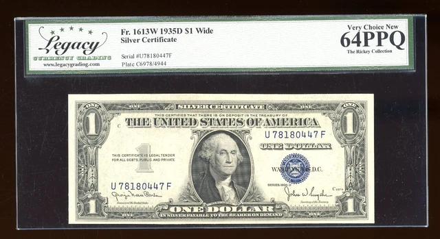 DBR 1935-D $1 Silver Fr. 1613W Wide UF Block Legacy 64 PPQ Serial U78180447F