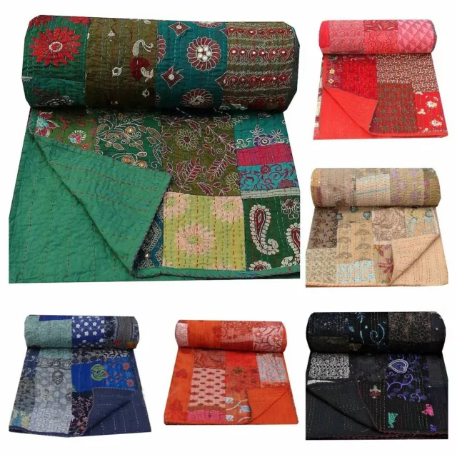 Indio Handmade Viejo Patola Seda Parche Kantha Colcha Kantha Manta Colcha Doble