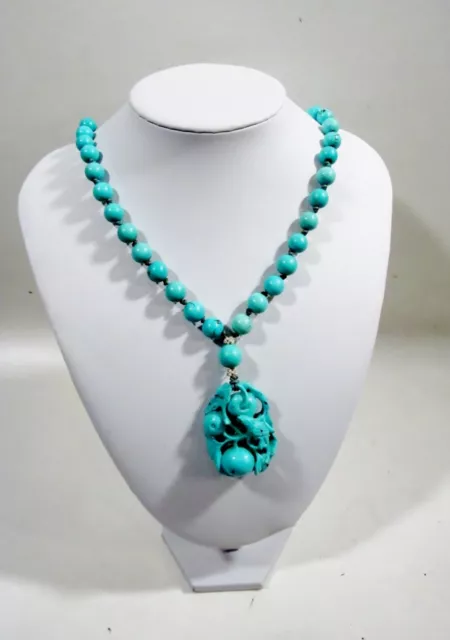 Old 1920s Chinese Carved Turquoise Phoenix Peaches Necklace Graduated Beads