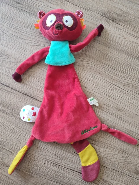 Doudou plat lémurien Georges lilliputiens rouge attache tétine