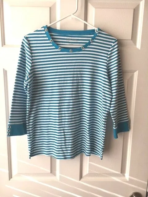 Cali and York Women's Blue Stripe M Top/Shirt Goldtone Grommets Pullover