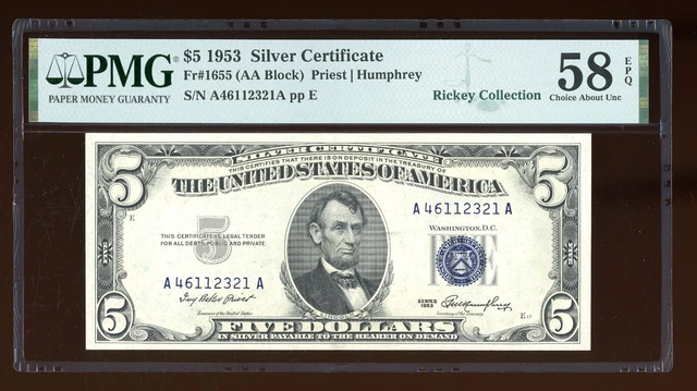 DBR $5 1953 Silver Fr. 1655 AA Block PMG 58 EPQ Serial A46112321A