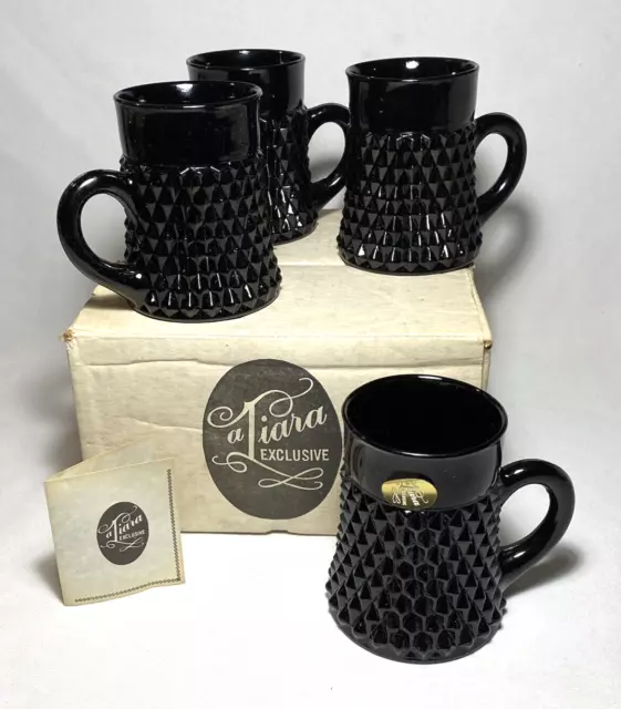 TIARA ~ Set (4) Vintage Black Glass 8 Oz. MUGS (Cameo Black) w/Box