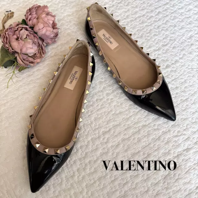 Valentino Garavani Rockstud patent leather flat pumps ballerina Black size 37