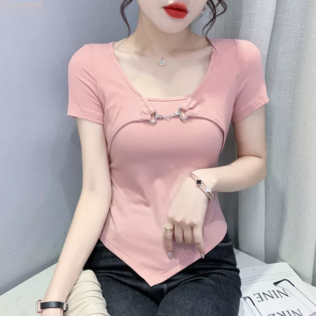 Western Women Korean Short Sleeve Asymmetric Slim T-shirt Casual Summer Tops