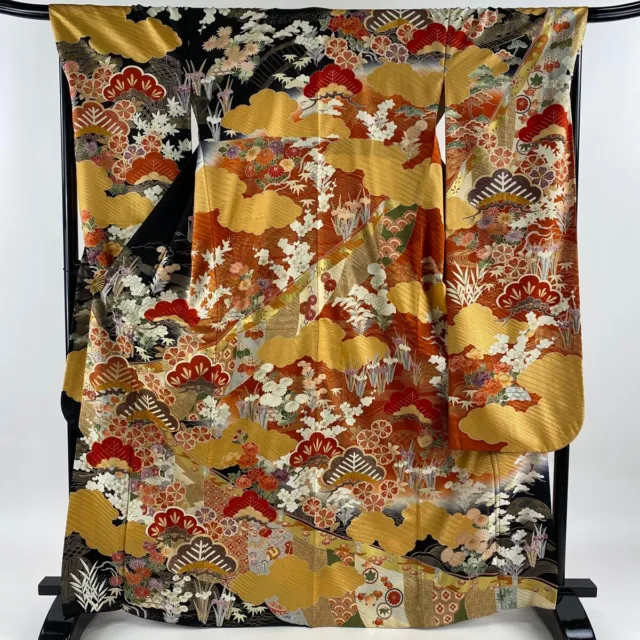 Japanese Silk Kimono Vintage Furisode Gold Red Pine Crane Flower Grass Black 65"