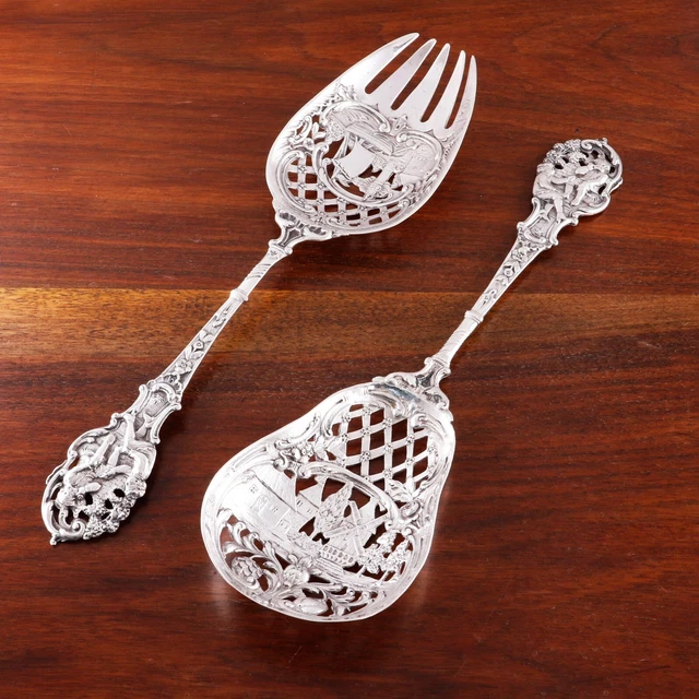 Large Georg Roth German Hanau Victorian .833 Silver Salad Serving Set 1891-1906
