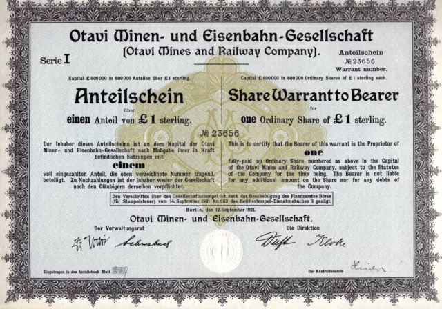 Otavi Minen- und Eisenbahn-Gesellschaft, Berlin, 1921 , S1 (1 Pfund) ungelocht !