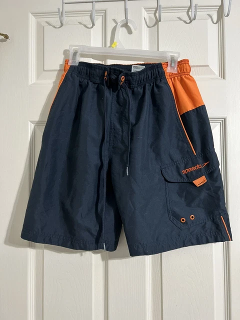 Mens Swim Trunks Shorts Speedo Navy Orange Mesh Lined Pockets Beach Pool Sz Sm