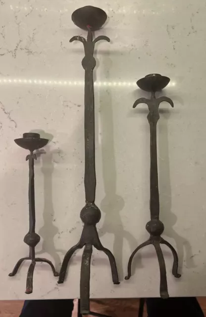 Vtg Arts & Crafts Gothic Hand Forged Cast Iron Candle Holder Set Of Three Deco