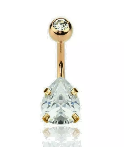 Rose Gold Double Gem CZ Tear Drop 316L Surgical Steel Navel Pong Set Belly Ring