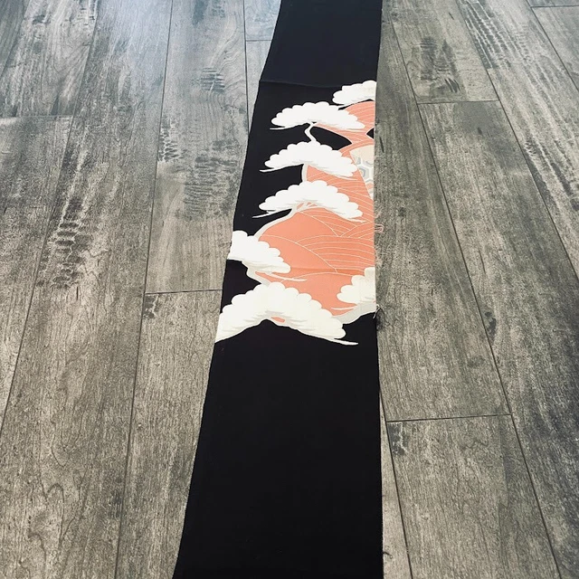 Fan Party #F 6.5x41 Vintage Hand Painted Tomesode Black Silk Kimono Fabric ToD92